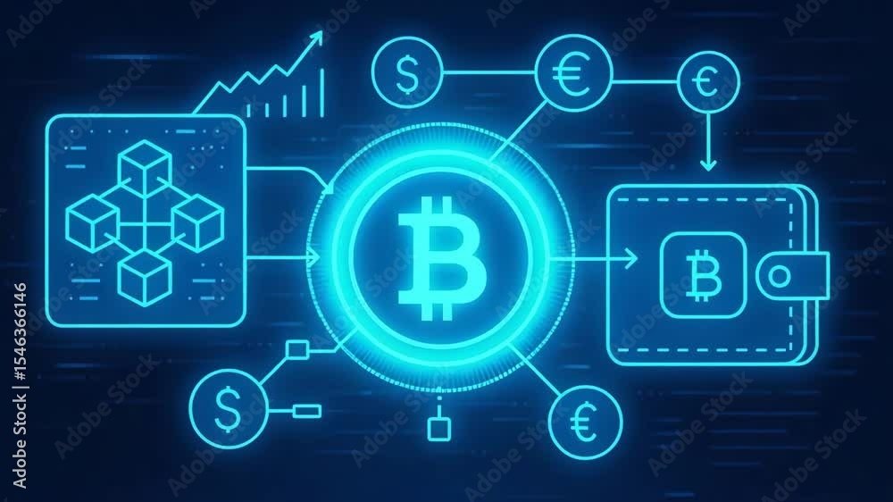 A futuristic digital representation of cryptocurrency, featuring the Bitcoin symbol surrounded by currency symbols, graphs, and blockchain elements, illustrating modern finance.