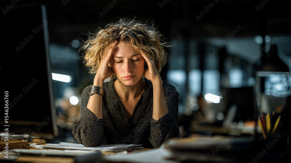Fototapeta premium A female employee looks frustrated with unfinished office work. Captures stress, pressure, and emotional exhaustion in a modern professional environment.