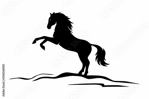 Silhouette of a horse rearing up on its hind legs with flowing mane and tail in black against white ground created with generated ai