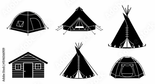 Vector Outline Tent Icons Set for Camping and Outdoor Activities