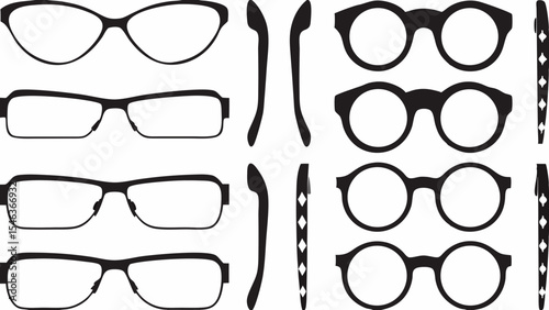 Silhouette illustration of various eyeglass frames and temples in a symmetrical arrangement created with generated ai