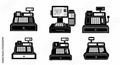 Collection of Cash Registers Machines in Black and White Styles