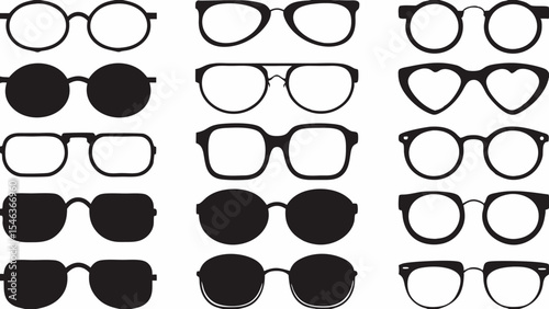 Collection of fifteen different styles of eyeglasses and sunglasses in black and white illustration created with generated ai