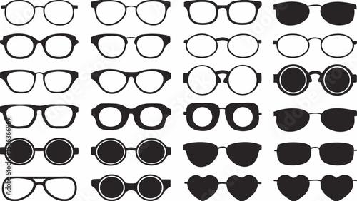 Collection of various styles of eyeglasses and sunglasses in black and white vector format created with generated ai