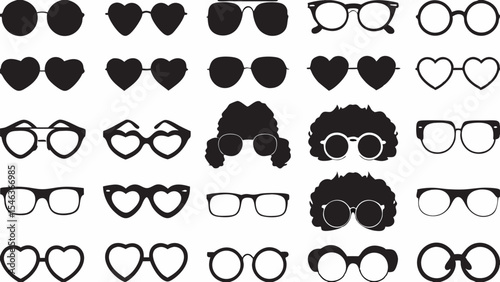 Collection of various styles of glasses and sunglasses in black silhouette on a white background created with generated ai