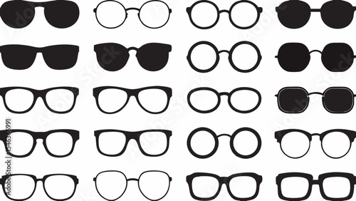 Collection of twenty different styles of eyewear including sunglasses and eyeglasses in black and white created with generated ai