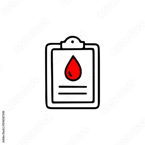 Blood donation report vector illustration featuring a clipboard with a red blood drop icon. Perfect for healthcare, medical, and donation-related projects. Ideal for infographics.