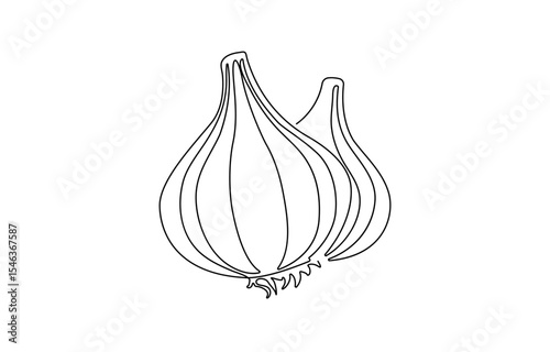 Garlic vector illustration, background. One line drawing art illustration with lettering,  one line drawing two whole healthy freshness organic bulb onion for harvesting logo identity. 