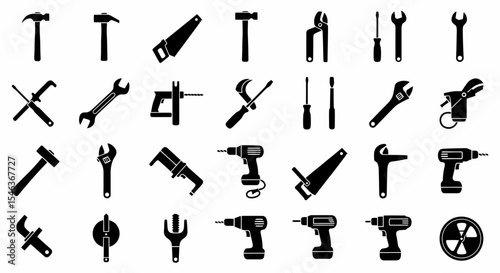 Assorted Hand Tools and Power Tools Black and White Vector Icons