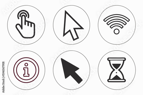 Six common interface icons isolated on white background