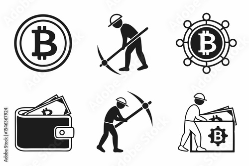 Bitcoin mining and wallet icons isolated on white background