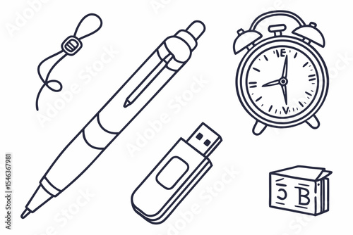 Pen clock usb drive and eraser isolated on white background