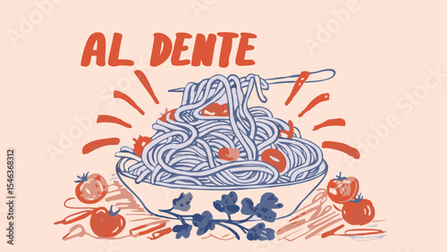 Illustration of a bowl of spaghetti with tomato sauce and tomatoes with the words al dente above it