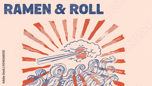 Illustration showing ramen and roll with chopsticks and sun rays and waves in a decorative arrangement