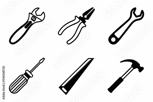 Hand tools including a wrench pliers screwdriver saw and hammer