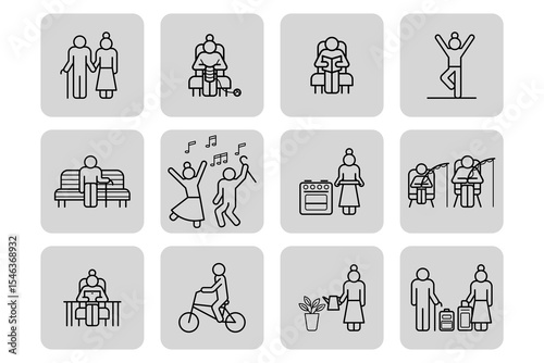 Collection of line art icons representing senior individuals engaging in different activities such as dancing, exercising, and gardening, showcasing vibrant lifestyles