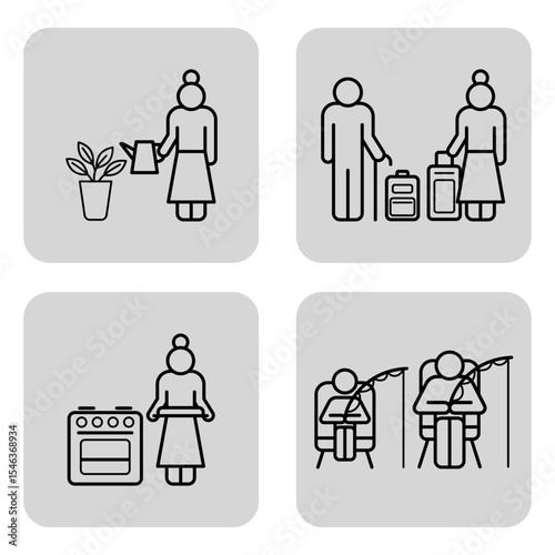 Collection of line drawings showcasing seniors engaged in various activities like watering plants, traveling, cooking, and fishing