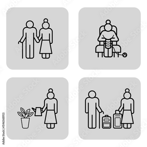 Four line icons of various activities associated with seniors. Companionship, caregiving, knitting, and assistance with luggage. Senior life concept
