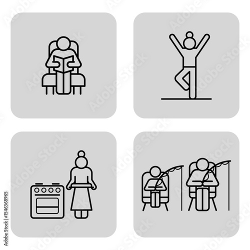 Four illustrations representing various activities of seniors, including reading, exercising, cooking, and crafting, Elder people interests and daily routines concept