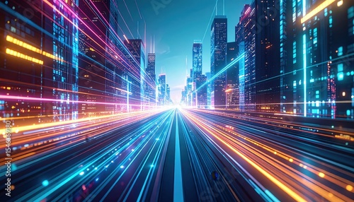 Futuristic Cityscape Night Perspective With Glowing Neon Lights