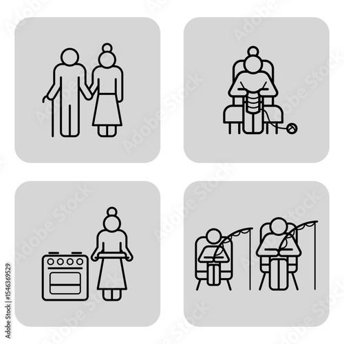 Four line drawings of senior individuals involved in diverse activities, including walking, relaxing in chair, cooking, and participating in hobby