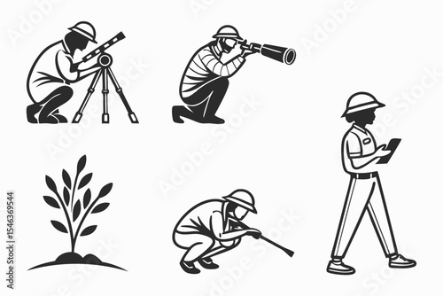 Silhouetted surveyors and a plant isolated on white background