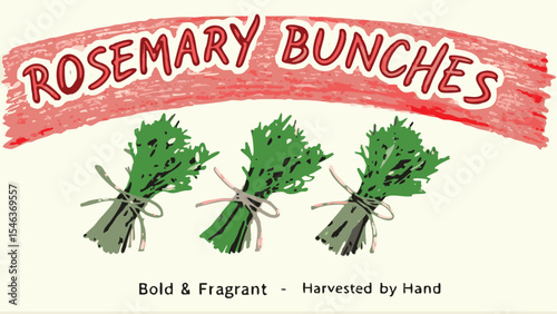 Illustration of three rosemary bunches tied with string under a red banner with rosemary bunches text