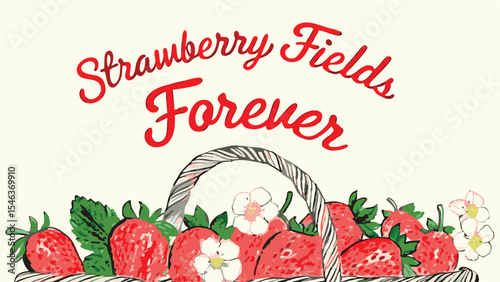 Illustration of a basket filled with strawberries and flowers with strawberry fields forever text above it