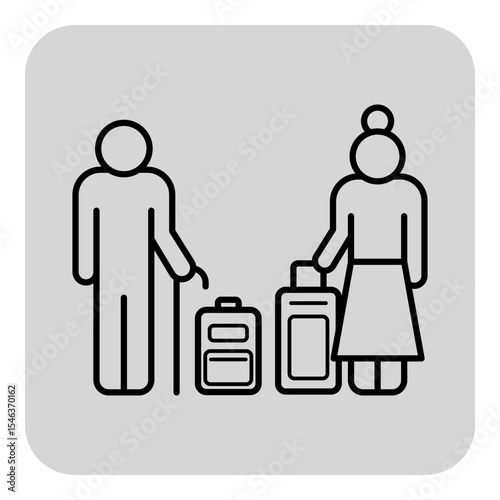 Elderly couple standing together with their suitcases, ready for journey. Seniors preparing to explore new places