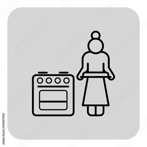 Line drawing of senior woman with bun hairstyle, standing confidently near stove. Woman preparing meal, showcasing timeless kitchen activity