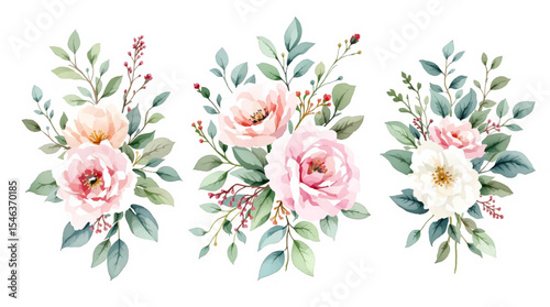 Set bouquet of flowers watrecolor