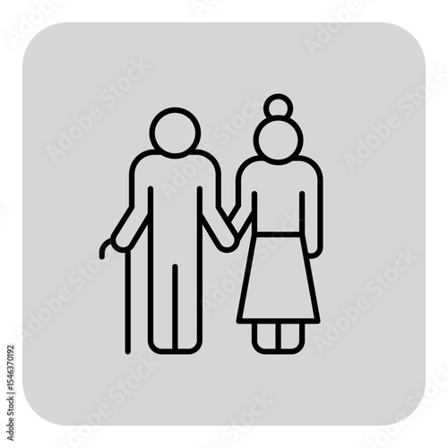 Minimalistic line illustration of senior couple, man using cane, standing closely while holding hands. Companionship and love concept