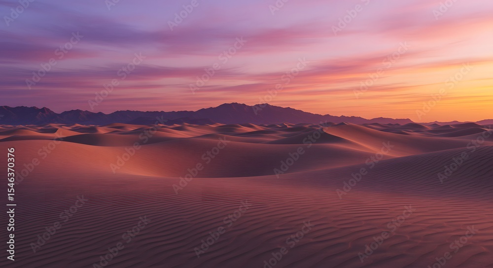 Fototapeta premium Majestic Desert Landscape with Rolling Sand Dunes and a Colorful Sunset Sky Evoking a Sense of Tranquility and Adventure