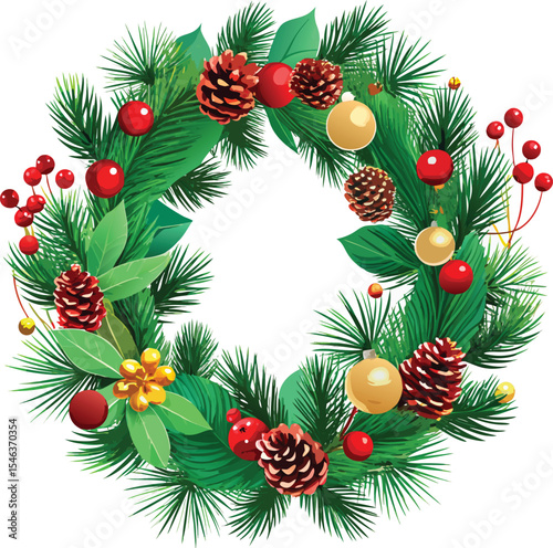Vibrant christmas wreath with pine cones berries and ornaments