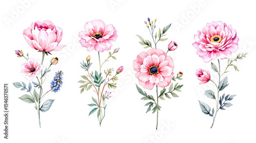 Set Spring flowers and butterflies Watercolor