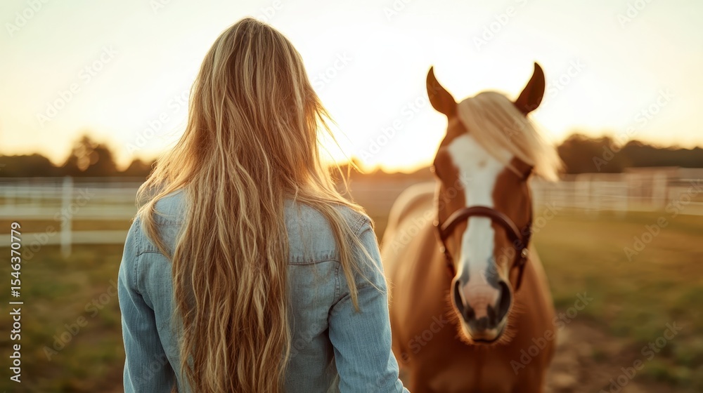 Naklejka premium A serene scene of a woman standing with her back to the camera, overlooking a beautiful horse against the golden hues of sunset, capturing a moment of tranquility and connection.