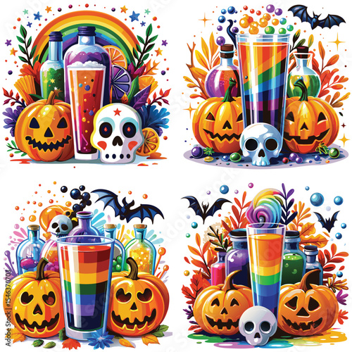 Halloween cocktails with pumpkins and skull