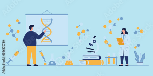 Scientists Collaborating on Genetic Research: DNA Analysis and Laboratory Work Illustration flat vector illustration