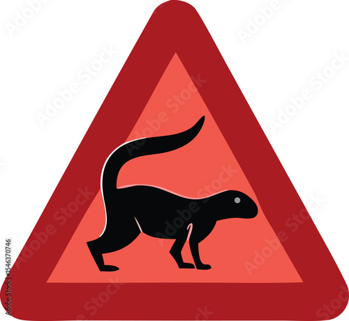 Warning road sign featuring a black silhouette of a weasel or similar animal