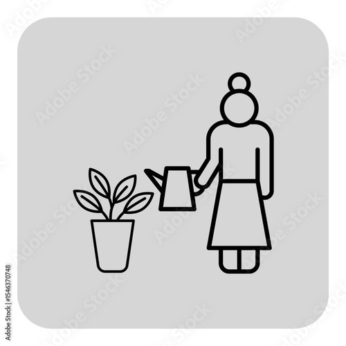 Senior woman gently watering potted plant using watering can, engaging in gardening activity indoors. Woman enjoying nurturing her green space, bringing life to her environment