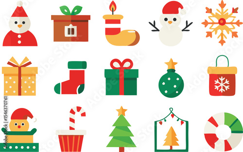 Flat festive christmas icons on white background