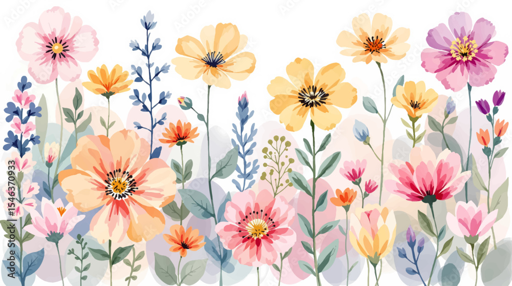 Obraz premium Set Spring flowers and butterflies Watercolor