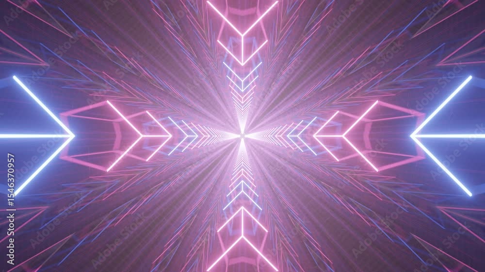 Geometric mirrored tunnel animated in continuous loop with hot pink and electric blue neon lighting, abstract 3d background for tech aesthetics and modern visual design