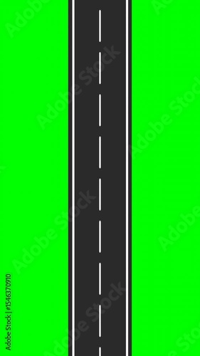 Animation asphalt road looping. Asphalt highway with white markings lines. Highway with road markings animated highway speeding walking forward green screen Vertical