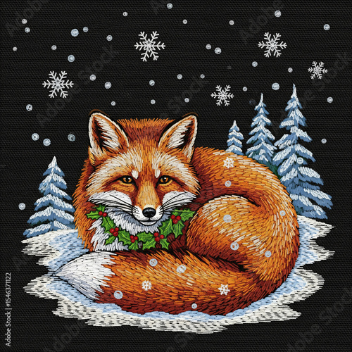 Whimsical Winter Fox with Holly Wreath in a Snowy Forest Digital Embroidery Folk Art