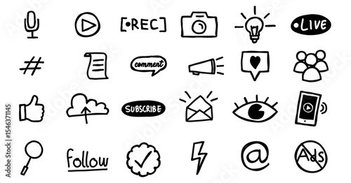 social media content creator doodle hand drawing icon bundle