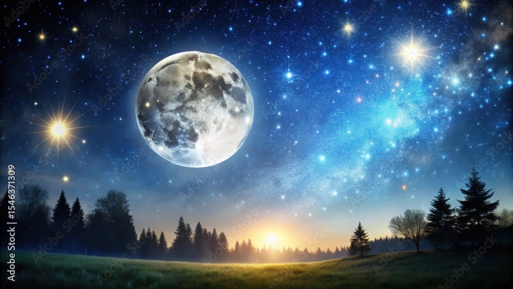 Naklejka premium Dark night scene with full moon and twinkling stars in the sky