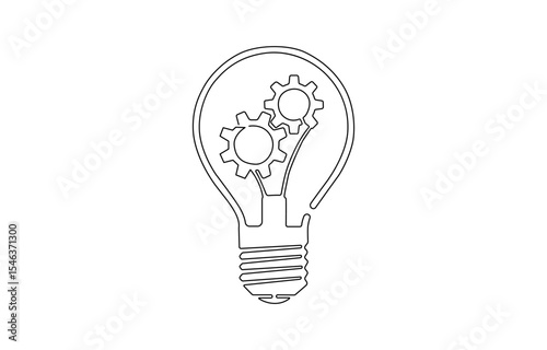 Continuous one single line drawing innovation Light bulb and gears inside icon vector illustration concept, One single line drawing of lightbulb with metal gear wheel inside for machine company logo.