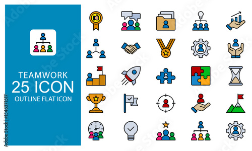 Teamwork Outline Flat icon set. Icon Vector Business team working together symbol. in Outline flat design style.