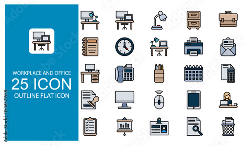 Workplace and office Outline Flat icon set. Icon Vector illustration of workplace with computer and office supplies in flat style.